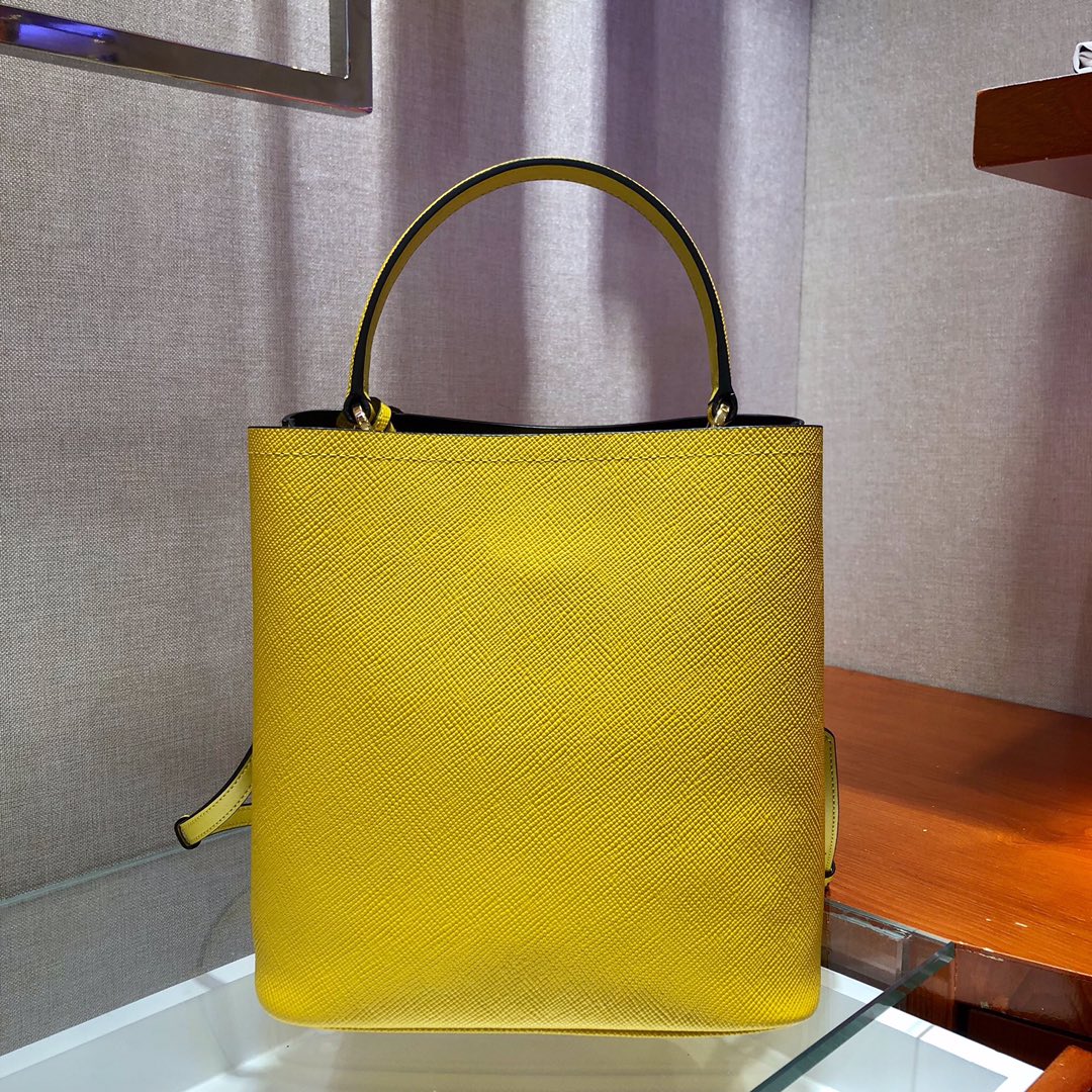 Prada Medium Panier Saffiano Leather Bag Lemon Yellow/Black 1BA212